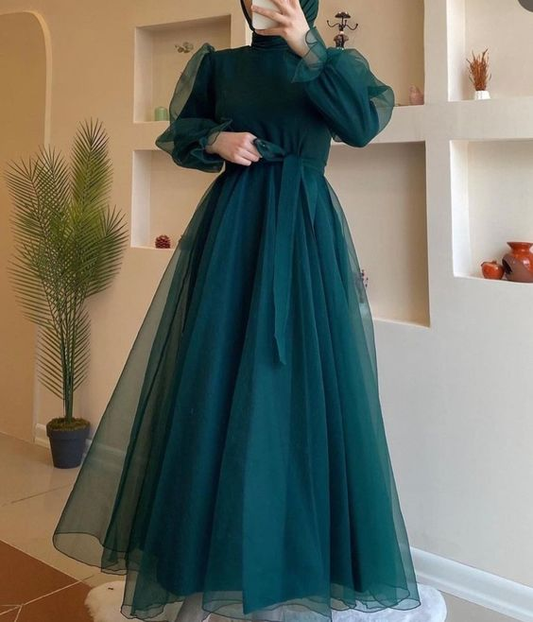 Modest A-line Long Sleeves Tulle Prom Dress,Muslim Dress Y6969