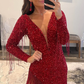 Red Plunging Neck Long Sleeves Homecoming Dress with Fringe Y2864