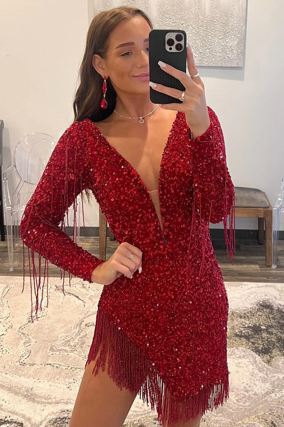 Red Plunging Neck Long Sleeves Homecoming Dress with Fringe Y2864