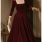 Square Neck Velvet Dress,French Vintage Red Dress,Autumn Winter Long Sleeve Dress,Prom Dress,Fairy Dress Y4715