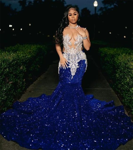 Royal Blue Sequins Mermaid Evening Dress With Sheer Neck Plus Size Formal Evening Occasion Gowns Y6358