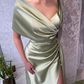 Chic Floor Length Sheath Satin Prom Dress with Ruffles Y5352
