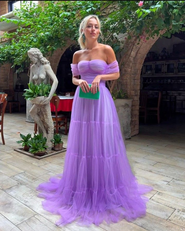 A Line Purple Off the Shoulder Formal Evening Gowns Tulle Long Prom Dresses Y2198