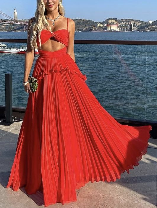 Red Pleated Draped Tulle Womens Prom Dress Y2855