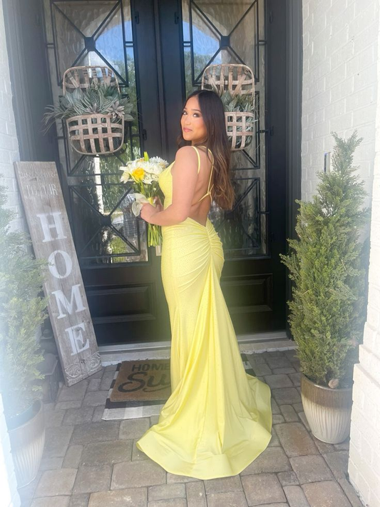 Sparkly Mermaid Spaghetti Straps Yellow Long Prom Dress Y7234