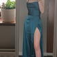 Backless Wrap Satin Prom Dress in Teal Blue  Y4867
