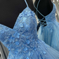 Blue Floral Appliques Lace-Up Tiered A-Line Prom Dress Y4218
