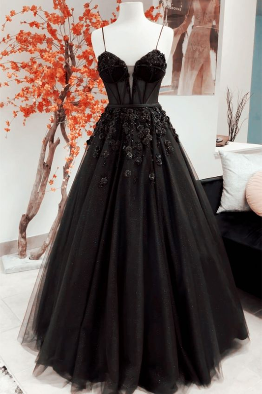 Black Spaghetti Straps A-line Prom Dress,Black Senior Prom Gown Y6126