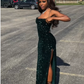 Women's Glitter Green Sequins Long Prom Dress With High Slit Y4945