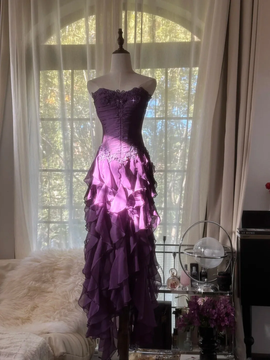 Pretty Purple Chiffon Evening Dresses,  Vintage Appliques Tiered Ruffles  Long Party Dress Y8697