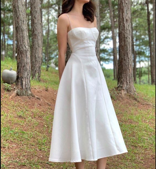 Simple White A-line Midi-length Prom Dress,White Party Gown  Y7143