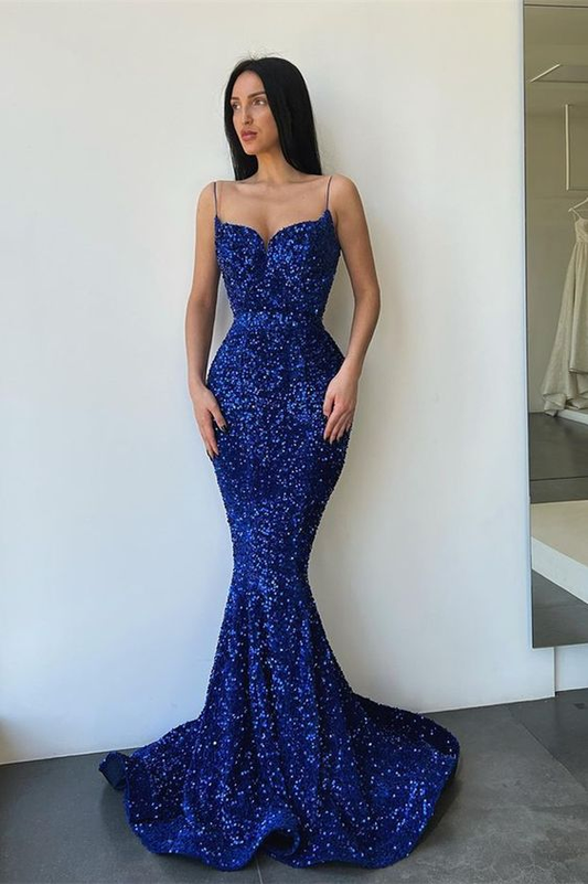 Spaghetti Strap Long Royal Blue Mermaid Prom Dress With Sequins Y5736