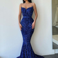 Spaghetti Strap Long Royal Blue Mermaid Prom Dress With Sequins Y5736