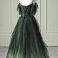 Dark Green Ombre Straps Tulle Layered Long Prom Dress,Green Formal Dress Y4473