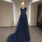 Navy Blue Long Lace Prom Dresses,Navy Blue Long Lace Formal Dress Y7423