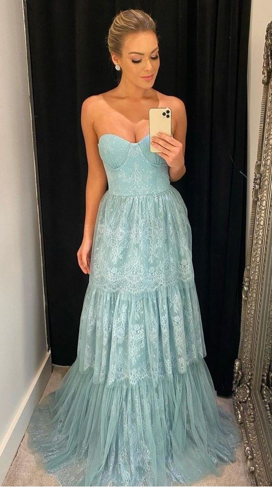 A-Line Long Blue Lace Prom Dresses Y5354