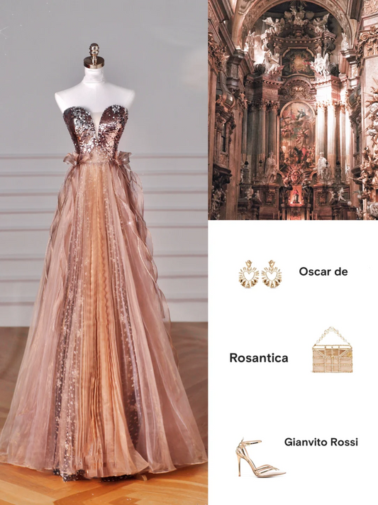 Vintage Rose Gold Strapless Tulle Sequins Beaded A Line Prom Dress Evening Dress Y8622