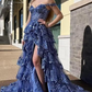 Off Shoulder Navy Blue Tulle Lace Long Prom Dresses, Off The Shoulder Lace Blue Evening Party Dresses Y2973