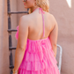 Layer Hem Backless Mesh Overlay Halter Dress,Pink Homecoming Dress Y2569