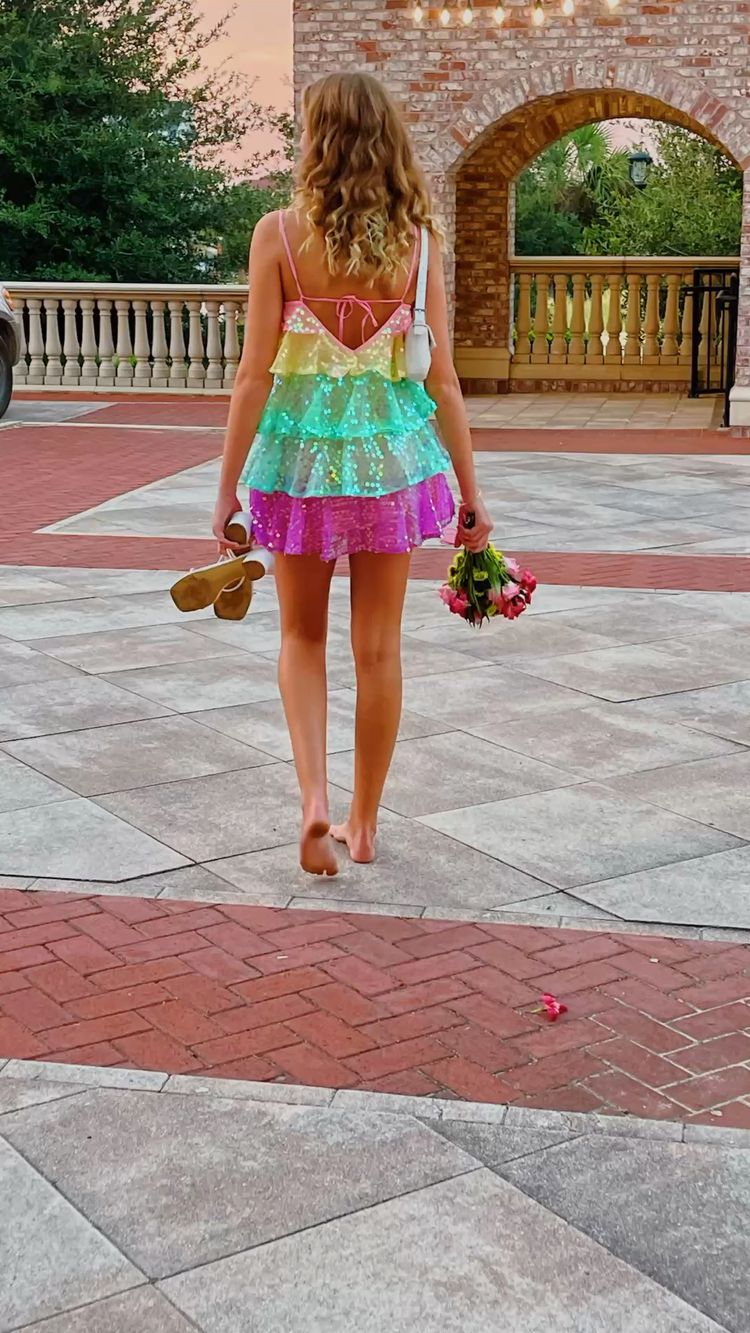 Women Shiny Sequin Sparkle Homecoming Dress Sleeveless Glitter Layered Rainbow Ruffle Dress Party Club Night Dress,Y2475