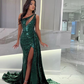 Emerald Green One Shoulder Sleeveless Mermaid Prom Dress Sequins With Split Y5908