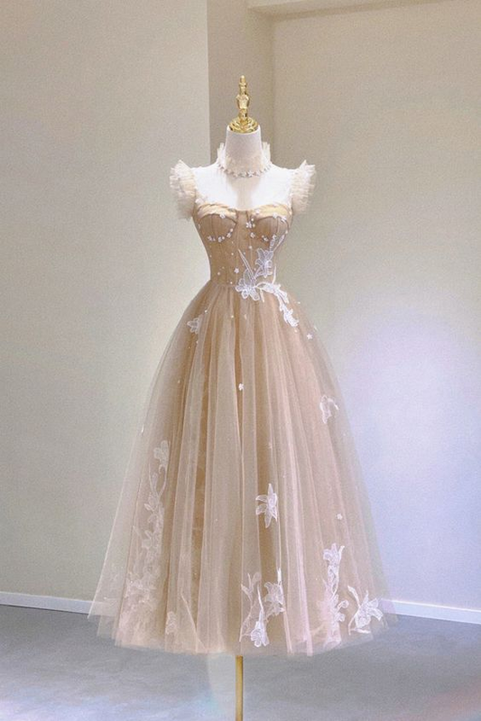 Champagne Lace Tea Length Prom Dresses, A-Line Evening Dresses Y6471
