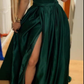 Simple Green Satin Long Evening Dress,Green Graduation Dress Y4296