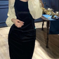 Winter V-Neck Elegant Black Stitching Velvet Dress Female Retro High Waist Puff Sleeves Evening Dress Y5673
