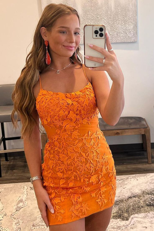 Cute Bodycon Scoop Neck Orange Lace Homecoming Dresses Y2919