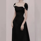 Black, pearl button-down, elegant half-sleeve prom dress, vintage dress Y1360