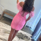 Charming Sheath Spaghetti Straps Pink Short Beaded Feather Homecoming Dresses Y2866