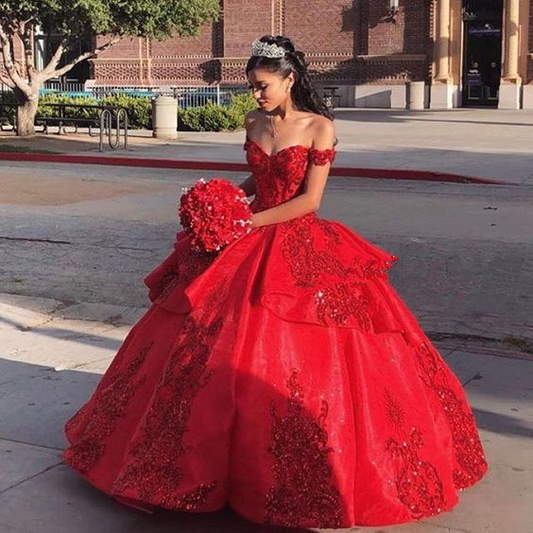 Off Shoulder Women Red Elegant Luxury Ball Gown Sweet 16 Party Gown Y4161