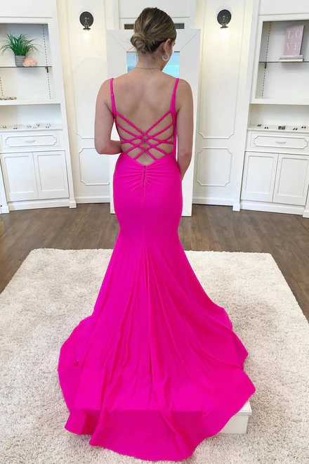 Long Fuchsia Mermaid Spaghetti Straps Prom Dresses Y4165