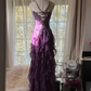 Pretty Purple Chiffon Evening Dresses,  Vintage Appliques Tiered Ruffles  Long Party Dress Y8697