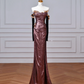 Vintage Off The Shoulder Satin Appliques Long Prom Dress,Mermaid Slit Evening Dress Y8613