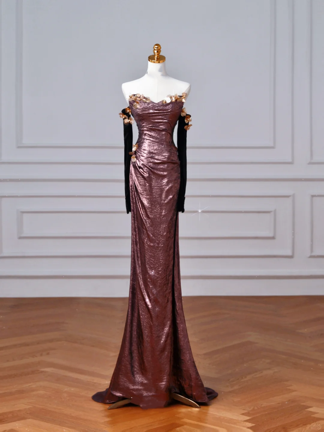 Vintage Off The Shoulder Satin Appliques Long Prom Dress,Mermaid Slit Evening Dress Y8613