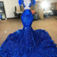 Feather Modest Evening Dress Elegant Royal Blue Sparkly Mermaid Prom Gown Y6657