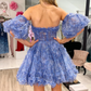 Blue Puff Sleeves Ruffles A-line Prints Homecoming Dress Y2714
