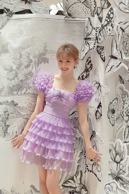 Purple A-line Tiered Homecoming Dress Birthday Party Dress  Y2690
