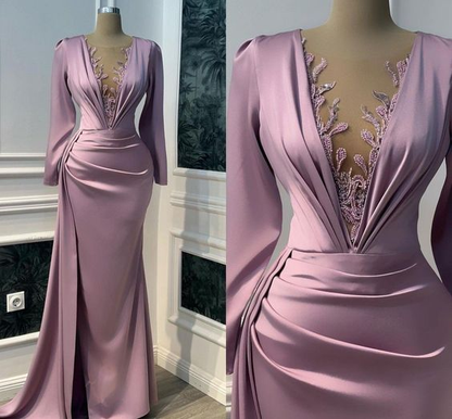 Vintage Purple Prom Dress Long Sleeve Illusion V-neck Mermaid Evening Dress Floor Length Y6647