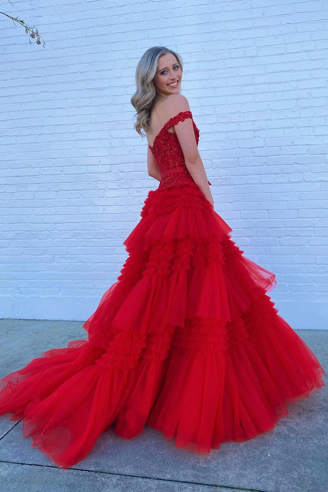 Pink Tulle Lace Off-the-Shoulder Ruffles Tiered Long Prom Dress Y2313