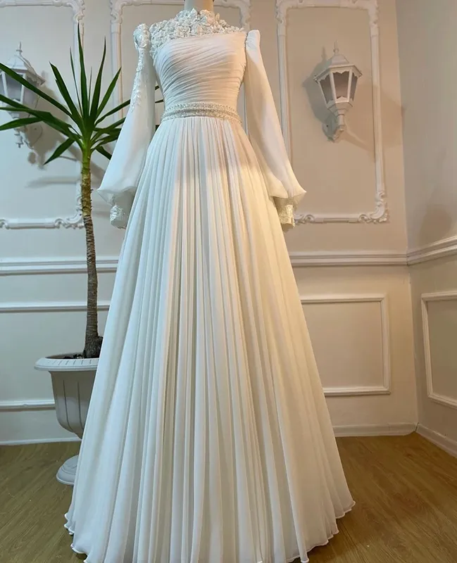 Muslim Wedding Dress Long Sleeves With Pearls Chiffon Appliques Long Pleated Bridal Gowns Y6727