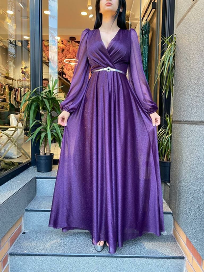 Elegant A Line V Neck Long Sleeve Purple Prom Dresses Y4977