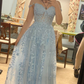 Blue Lace Appliques A-line Long Prom Dress,Blue Graduation Dress Y7035