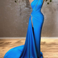 Sexy Blue One Shoulder Split Mermaid Prom Dress With Beads Y6635