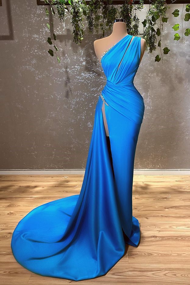 Sexy Blue One Shoulder Split Mermaid Prom Dress With Beads Y6635