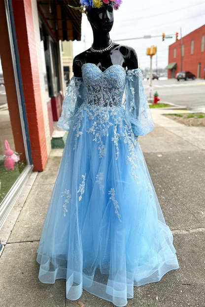 Blue Floral Lace Sweetheart A-Line Prom Dress with Sleeves Y4029