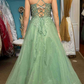 Dusty Sage A-line Lace-Up Back Applique Tulle Long Prom Dress  Y4005
