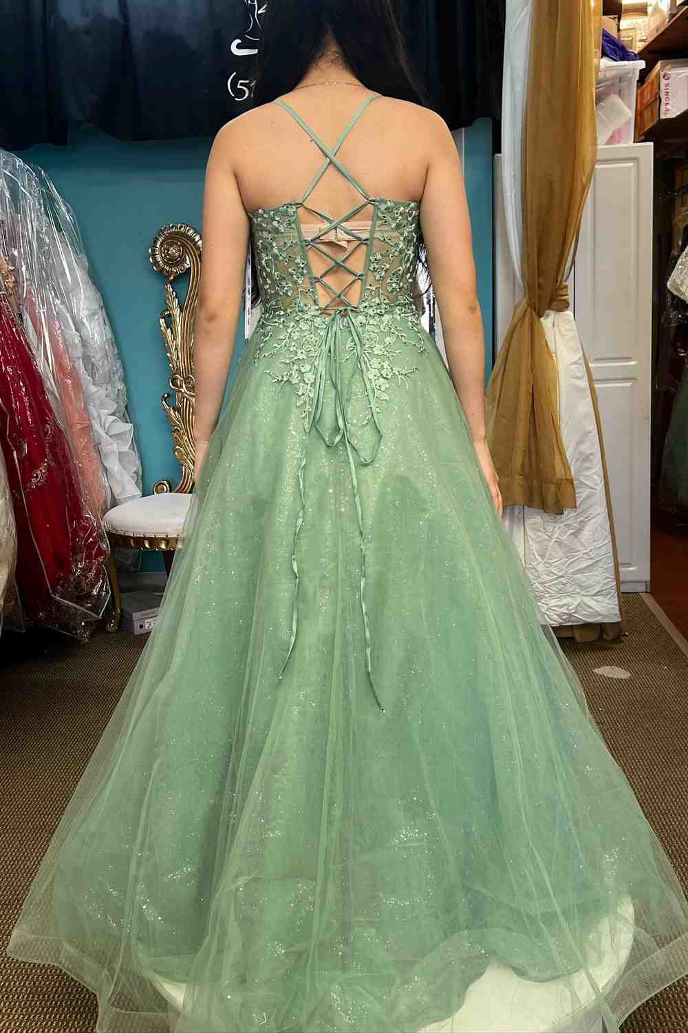 Dusty Sage A-line Lace-Up Back Applique Tulle Long Prom Dress  Y4005