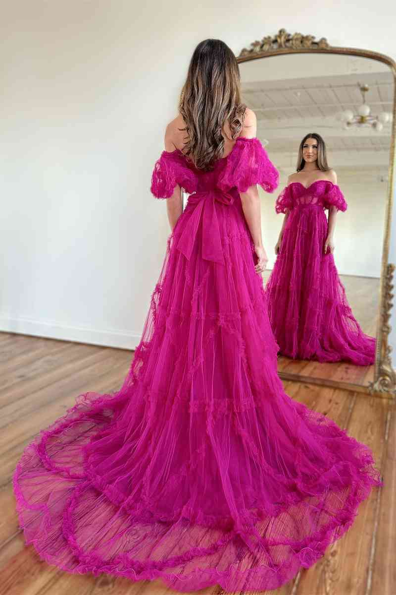 Princess Off-Shoulder Ruffle Long Prom Dress with Balloon Sleeves Y3061